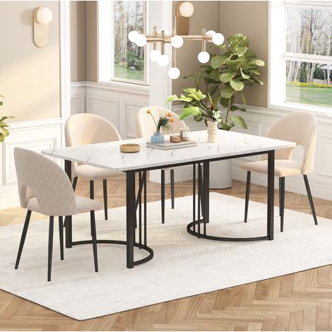 Mesa de comedor 140/80/75 cm blanca con acabado mármol y estructura metálica (1/5)