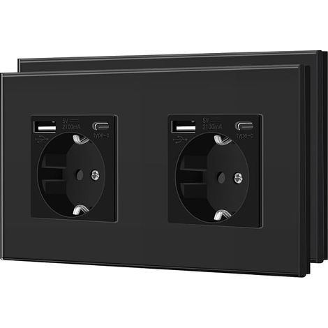 Schuko 2 Pack Standard Wall Socket with USB C 2.1 A, Glass Plate, Child Safety, Easy Installation, 2 USB C Connectors, 157 mm, Black (1/5)