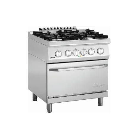 Fourneau inox à gaz 4 feux, sur four électrique 3 x GN 2/1, 29 400 W, 400 V, GAZ