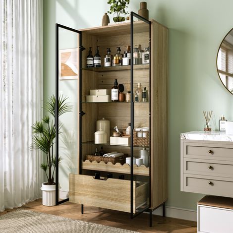 Armoire haute 75x35x170,8 cm, meuble de rangement vitré avec étagères en verre réglables et tiroir, design ondulé moderne, MDF, Naturel (1/5)