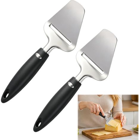Set aus 2 multifunktionalen Käsehobeln aus Edelstahl, geeignet für Käse und verschiedene Gemüsesorten, mit rutschfesten Silikongriffen, leicht zu reinigen, spülmaschinenfest und elegantem Design. (1/5)