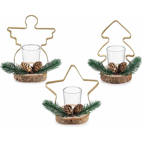 Portacandela di Natale in legno e metallo con pigne e rametti di pino a forma di albero, set da 3 pezzi, cm 15,5 x 9 x 16,5 H
