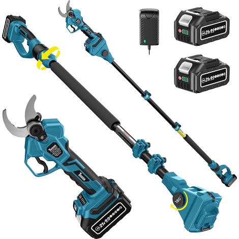 Sécateur Électrique Avec Perche, 2-en-1 Sécateur Electrique Sans Fil Télescopique de 2.5m, 2 batteries de 4000mAh, Moteur sans balais, LCD, Ouverture maximale de 55 mm Pour Jardin Arbres Fleurs (1/5)