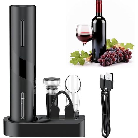 Ouvre Bouteille Vin Électrique Rechargeable 5 en 1 Set Automatique Aérateur Verseur Bouchon Vide Coupe Capsule Base Stockage Charge USB-C Tire Bouchon Électrique (1/5)