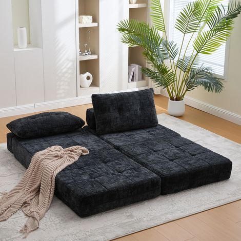 Klappbares Schlafsofa (79x79x57 cm), multifunktional, mit Kopf und Lendenkissen, Chenille, Schwarz (1/5)