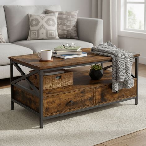 Table Basse, Table de Salon, Buffet Bas, avec 2 Tiroirs et Un Compartiment Ouvert, Cadre en Acier en Forme de X, 100,1 x 55,1 x 45,1 cm, Style Industriel, Marron et Noir (1/5)