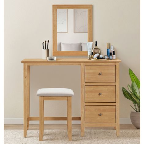 Hallowood Furniture Aston Single Pedestal Dressing Table with Mirror and Stool, Wooden Console Table Vanity Desk with 3 Drawer Set, Vanity Mirror, and Wooden Stool for Home, Bedroom Furniture Set (1/5)