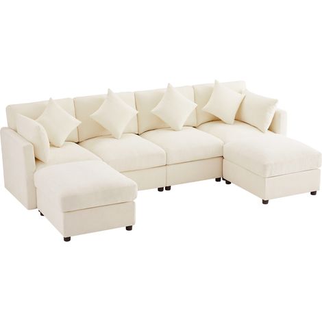 ELVMI Divano Modulare Angolare in Chenille con 2 Pouf, Braccioli Regolabili, Beige, 284 × 156,5 × 86 cm (1/5)
