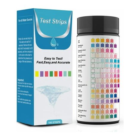 Kit de Test Eau Potable - 50 Bandelettes 16 en 1, Analyseur de Qualité de l'Eau avec Dureté, pH, Mercure, Plomb, Fer, Cuivre, Chlore et Acide Cyanurique (1/5)
