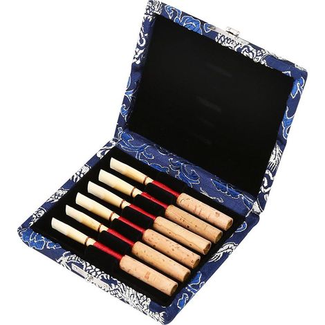 Étui en bois avec couverture en soie pour 6 anches de hautbois, bleu, boîte de rangement à roseaux. (1/5)