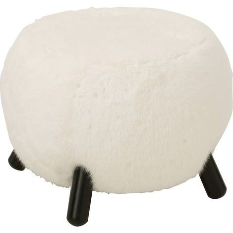 Tabouret fourrure blanche pieds bois assise cosy élégante - Blanc neige et bois foncé (1/5)