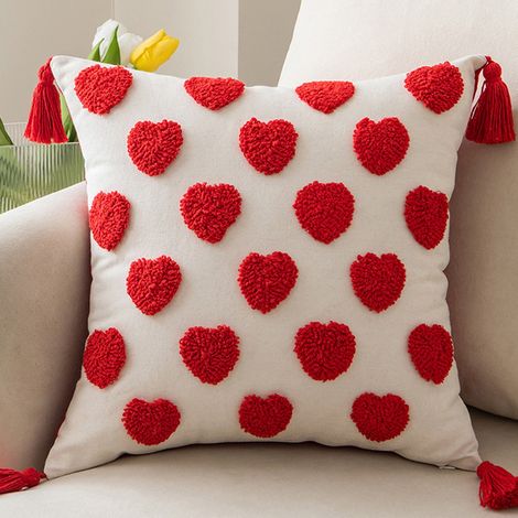 Housse De Coussin - Lin Coton - Motif Coeur - Pour Canapé Ou Décoration Intérieure - 45x45 cm - Unité (1/5)