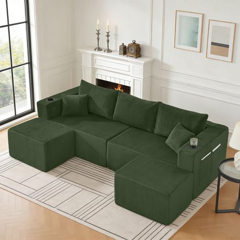 Canapé modulaire 4 places,canapé en L avec porte-gobelet et poufs mobiles,canapés de compression avec coussins,velours côtelé,230x138x75cm(Émeraude) (1/5)