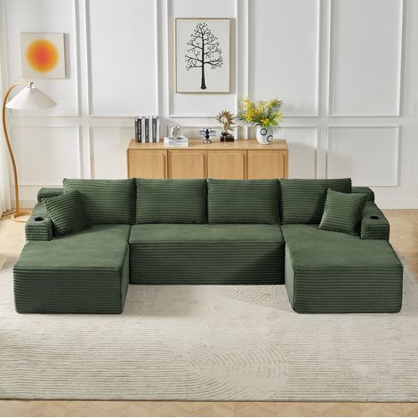 Modulares U-Sofa ohne Gestell aus grünem Cord-Samt, 3 Module, ohne Montage (1/5)