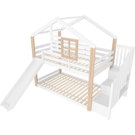 Letto a castello per bambini con scivolo e scala, 90x200 cm, in legno, bianco (1/5)