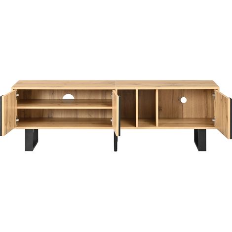 Mueble TV de 160 cm de madera natural, 3 puertas, huecos abiertos y patas de hierro negras (1/5)