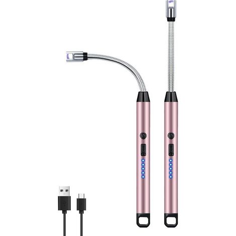 Confezione da 2 accendini elettrici antivento e senza fiamma con collo flessibile a 360° e display a LED, ideali per falò e barbecue in campeggio, colore rosa. (1/5)