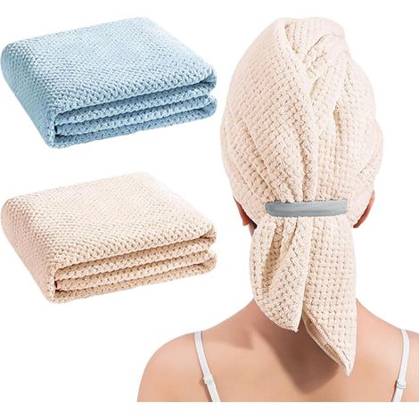 Serviette Microfibre Cheveux- Turban Cheveux Séchage Rapide- Super Absorbant- 2 articles- 100 x 60 cm- indigo et Kaki (1/5)