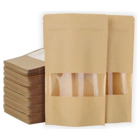 Lot de 200 Sachet kraft Alimentaire avec Fenetre, 12×20CM Sachet Kraft Zip Réutilisables, Imperméable Sac Kraft Alimentaire Petit Format pour Noix, Nourriture (1/4)
