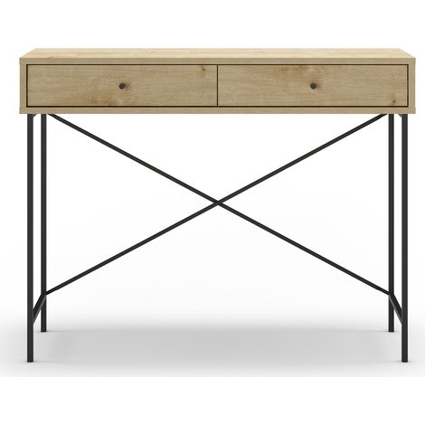 Meuble console, table de console avec 2 tiroirs aspect bois coloris chêne et pieds en métal noir - Longueur 110 x Profondeur 35 x Hauteur 85 cm (1/5)