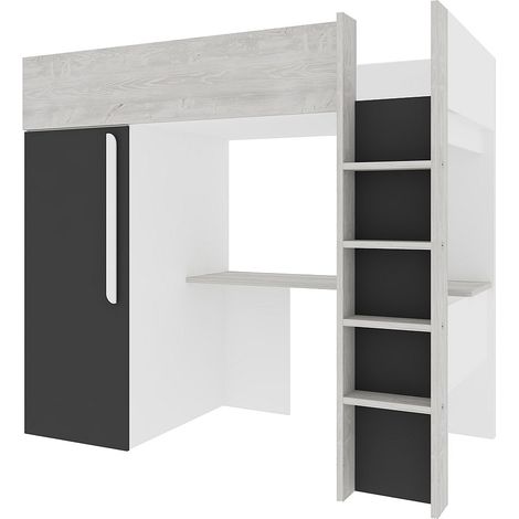 Letto a soppalco 90 x 200 cm con armadio e scrivania – Colore: Naturale e antracite - NICOLAS