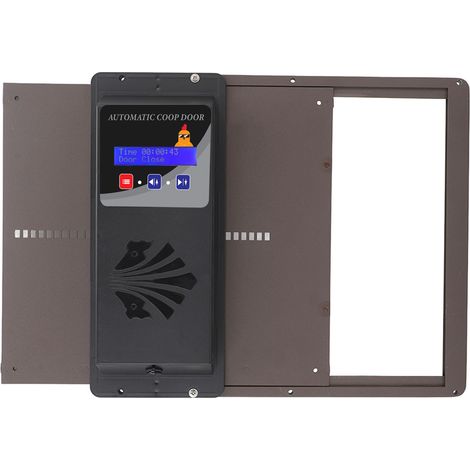 Ouvre-porte automatique solaire USB pour poulailler avec minuterie programmable, affichage LED, 3 modes d'alimentation, ouverture horizontale, marron (1/5)