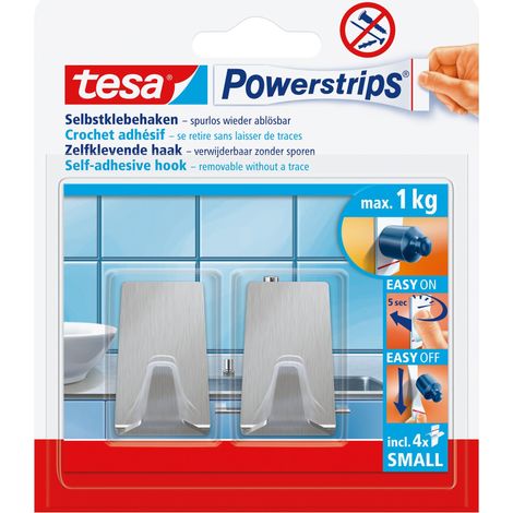 tesa Powerstrips Haken Small Metall ECKIG - Selbstklebender Wandhaken für Glas, Kacheln, Holz, Kunststoff und andere Untergründe - Metall (1/5)