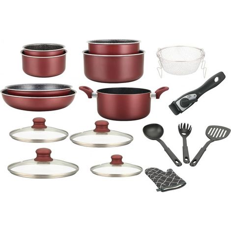 Batterie de cuisine revêtement pierre avec manche amovible 17 pièces bordeaux Herzberg HG8055-BR