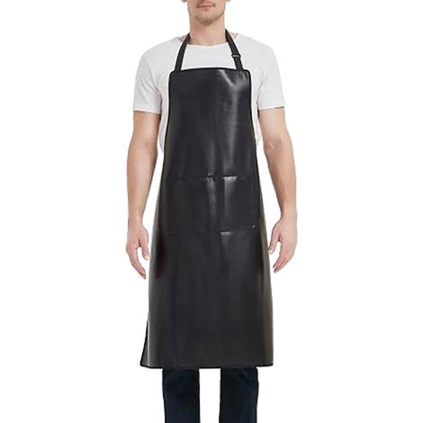 Tablier Imperméable - En Cuir Synthétique Noir - Avec 2 Poches Avant - Ajustable Cou - Pour Cuisine Boucherie Coiffure Entretien Ménager Soins Animaux - 1 Pièce (1/5)