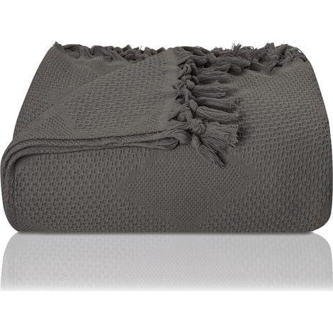 Premium Couvre-lit avec Franges nouées à la Main - 100% Coton - 150 x 220 cm - Couverture d'été en piqué gaufré en Coton, Couvre-canapé & Couverture de canapé (Anthracite) (1/5)