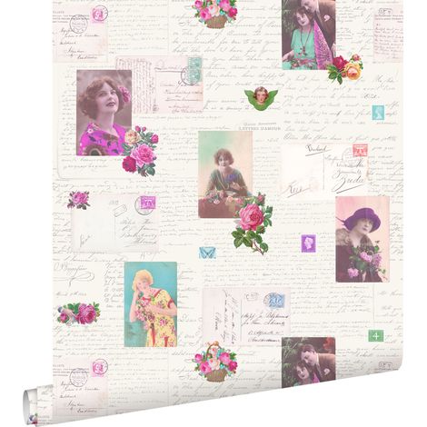 papier peint cartes postales anciennes vintage rose et turquoise  - ESTAhome (1/4)