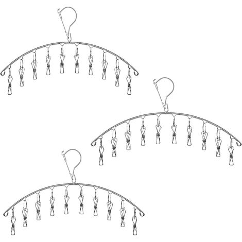 Set di 3 appendiabiti per calzini con 10 mollette in acciaio inox - Antivento - Per vestiti per bambini, biancheria intima, guanti, reggiseni