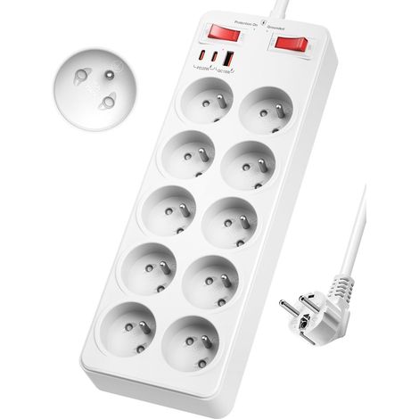 Multiprise Parafoudre et Surtension, 10 Prises Française avec Terre 2P+T  Multiprise USB C PD20W Charge Rapide, Prise Multiple avec Interrupteur Parasurtenseur, Rallonge Electrique 2m Câble, Blanc (1/5)