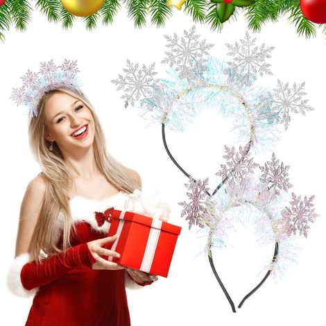 2 fasce per capelli natalizie con fiocchi di neve glitterati, perfette per le feste. (1/5)