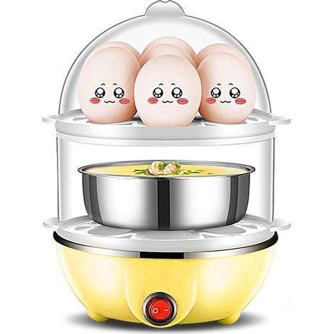 Cocedor de huevos eléctrico, 350W, 2 capas, Capacidad para 14 huevos, Apagado automático rápido, Huevos duros, Amarillo, doble capa (1/5)