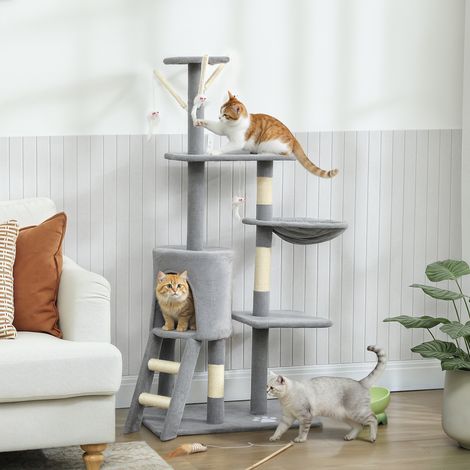 Torre per Gatti con Casetta, Trespolo, Piattaforme e 4 Topolini, in Legno, Peluche e Sisal, 60x35x134 cm, Grigio (1/5)