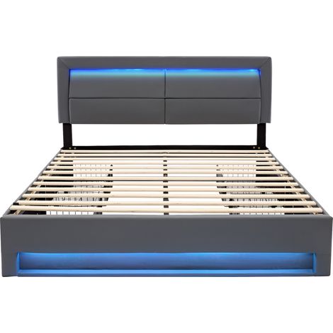 Cama capitoné 140 x 190 cm en PU gris con puerto USB, LED y 4 cajones de almacenamiento (1/5)