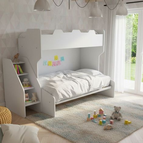 Letto a castello 3 posti con terzo letto estraibile e scaletta contenitore - Una piazza e mezza - Bianco