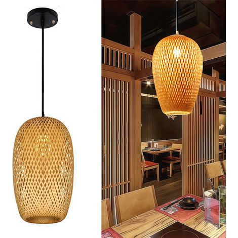 Suspension Luminaire Bambou Boho,Plafonnier E27 Tressage en bambou Lustre Salon Tissé à la main Vintage Cuisine lampe Décoration,A (1/5)