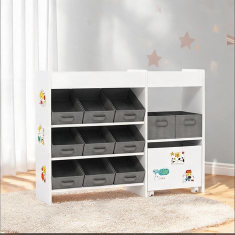 Rangement Jouets Enfant 11 Bacs Tissu MDF Blanc et Gris (1/5)
