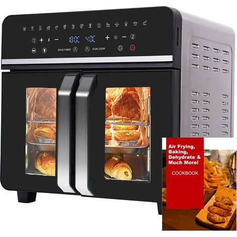 23L Mini Four Electrique Friteuse Sans Huile XXL,Friteuse Air Fryer à Double Tiroir 1800W avec écran LED, 15 Programmes, Fonctions Match Cook & Smart Finish, 11 Accessoires inclure Recette