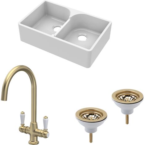Fireclay Kitchen Bundle - 2 Bowl Stepped Weir Butler Sink, Wastes & Mono Lever Tap, 795mm - Brushed Brass (1/5)