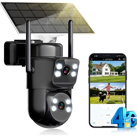4G LTE Caméra de Surveillance à Solaire Double Objectif avec Carte SIM AOV 24/7, Suivi Automatique, Caméra Solaire+Batterie, Détection de Mouvement, Vision Nocturne Couleur, Audio Bidirectionnel, 4K (1/5)