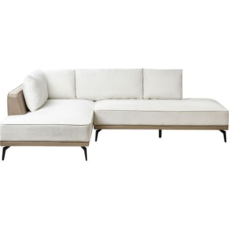 Canapé d'Angle à Droite en Tissu Polyester Similicuir Pieds en Acier Coussins Blanc Cassé et Taupe Myken