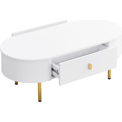 Table basse blanche avec deux tiroirs et poignées dorées, 108 x 50 x 40 cm (1/5)
