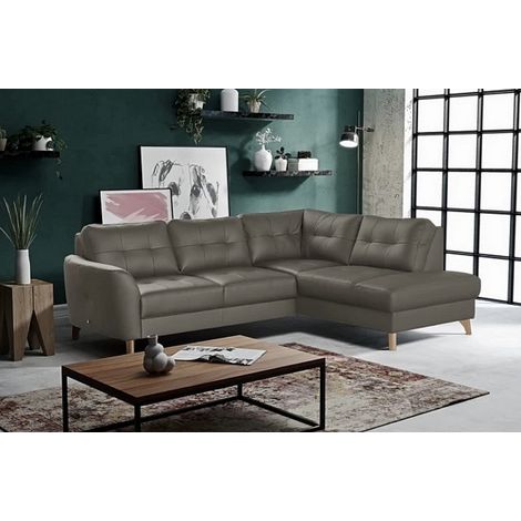 Canapé d'angle convertible en cuir italien de luxe 5 places NORIA avec coffre, gris foncé, angle droit (1/4)