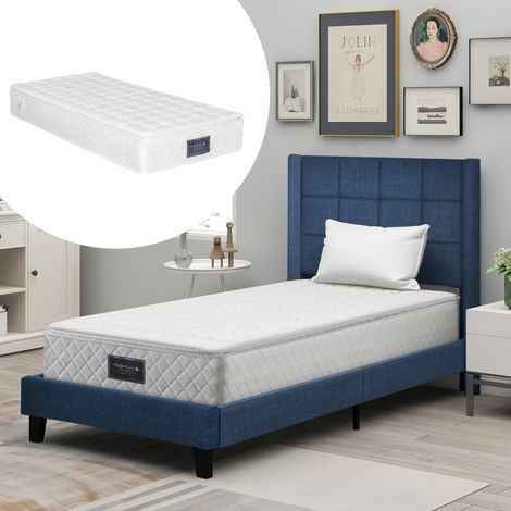 Lit adulte 90x200 cm lit simple rembourré avec tête de lit capitonnée et sommier à lattes en bois, tissu en lin, bleu, matelas inclus (1/5)