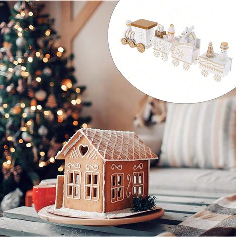 Ornement de mini train de Noël, ornement de train de Noël, modèle de mini train en bois avec bonhomme de neige pour la décoration de fête d'arbre de Noël de bureau, petit train blanc (1/5)
