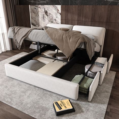 Cama tapizada moderna de terciopelo beige 160x200 cm con cabecero ajustable, 3 cajones, arcón hidráulico y somier de láminas (1/5)