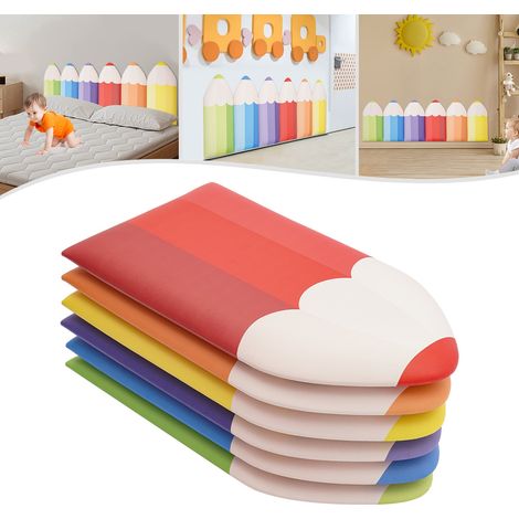6 pièces de rembourrage mural anti-collision 3D en forme de crayon pour enfants 9,84 x 19,69 x 1,18 pouces Panneaux rembourrés à décoller et coller Panneaux de tête de lit Tapis muraux colorés (1/5)